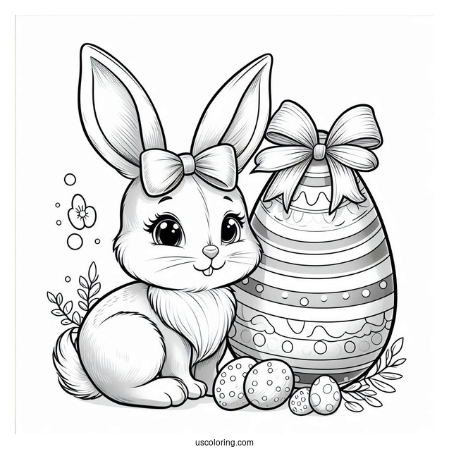 Easter Bunny Coloring Page With Large Bow And Easter Egg
