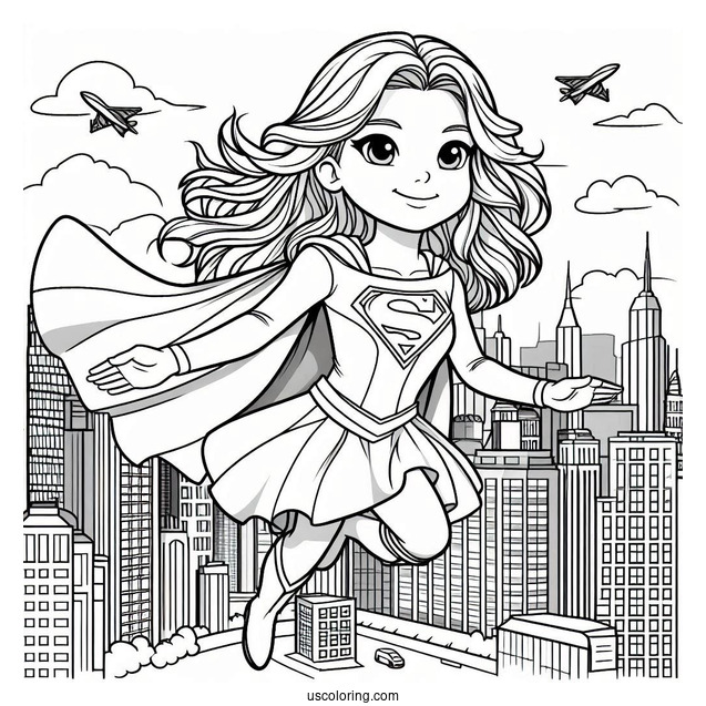 Coloring Page Of Supergirl Flying In The City