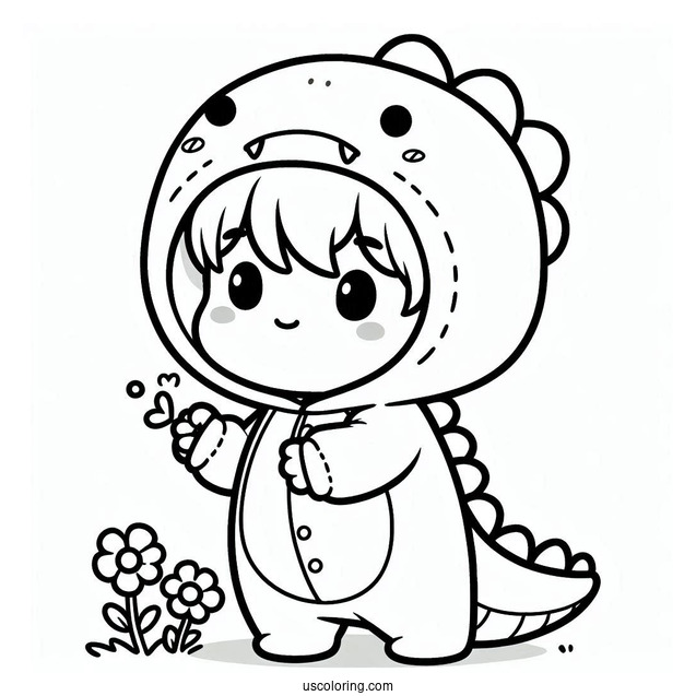 Cute Coloring Page Little Boy Wearing A Dinosaur Onesie