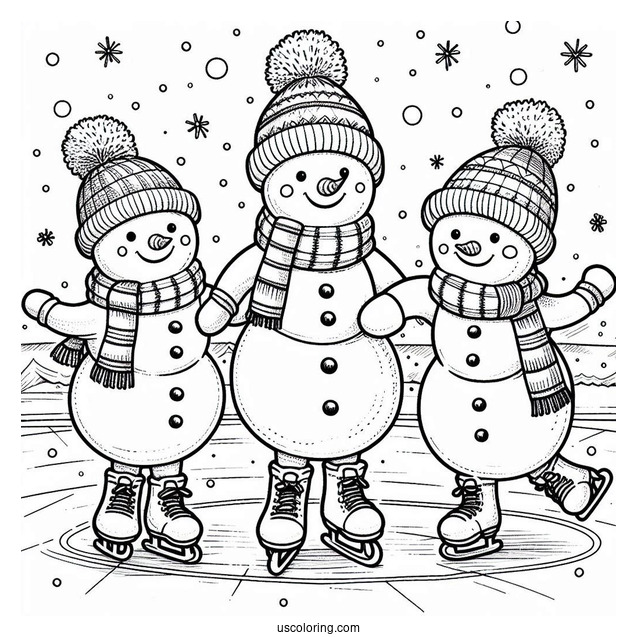 Three Snowmen Ice Skating During Christmas