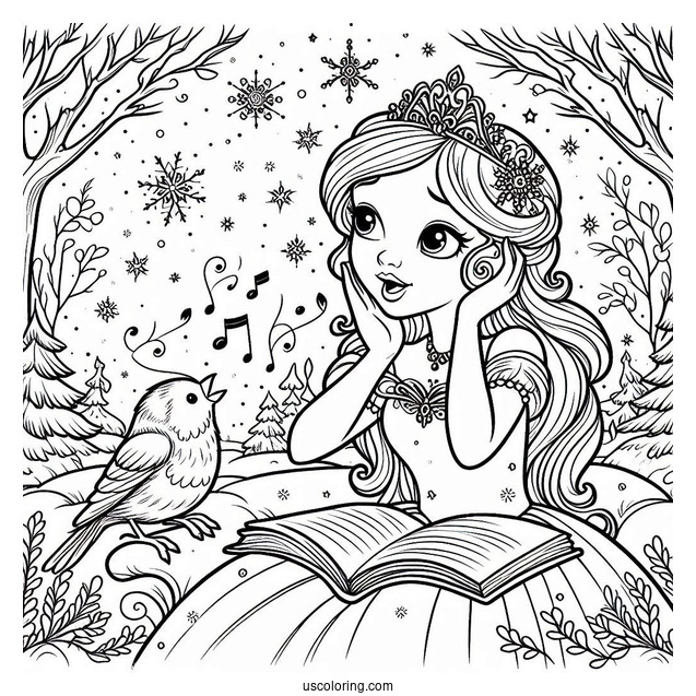 Princess Coloring Page Of Listening To A Bird In Winter