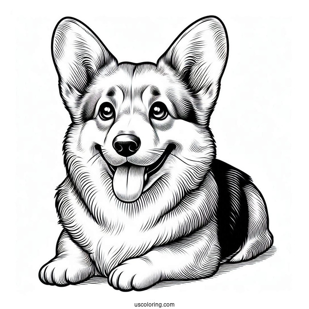 Realistic Corgi Coloring Page Smiling With Tongue Out