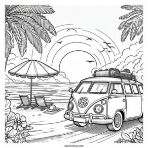 Volkswagen Driving Through A Beach In Summer Coloring Page