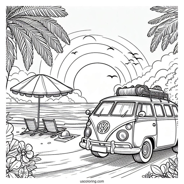 Volkswagen Driving Through A Beach In Summer Coloring Page