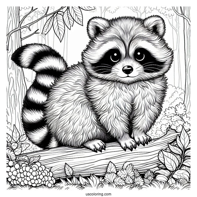 Detailed Furry Raccoon Coloring Page In A Forest