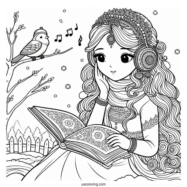 Princess Coloring Page Of Listening To A Bird In Winter