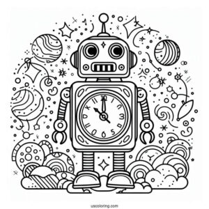 Coloring Page Of a Robot Themed Clock