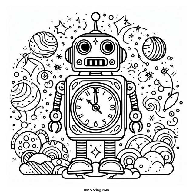 Coloring Page Of a Robot Themed Clock