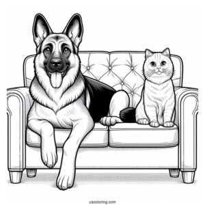 German Shepherd And Cat Sitting On Couch