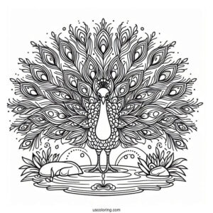 Peacock Coloring Page with Fanned Feathers by Mountain Pond