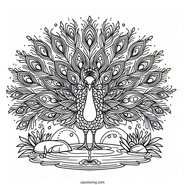 Peacock Coloring Page with Fanned Feathers by Mountain Pond