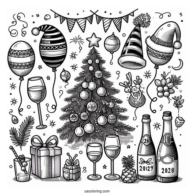 New Year Coloring Page Of Essentials With Party Hats, Christmas Tree, Wine Glasses, And Balloons