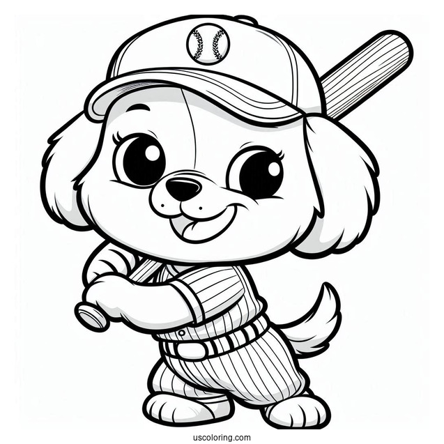 Cartoon Dog in Baseball Coloring Page Uniform Ready to Swing For Kids