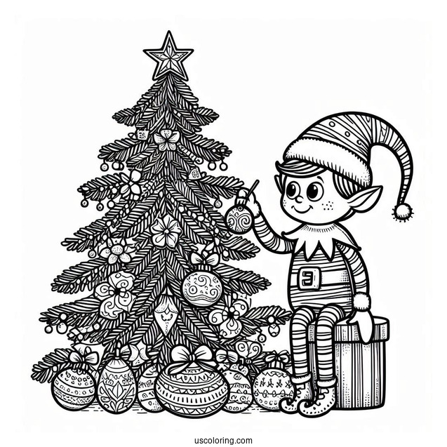 Elf On The Shelf With Christmas Tree To Color