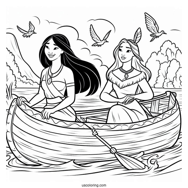 Coloring Sheet Of Mulan And Pocahontas On Canoe