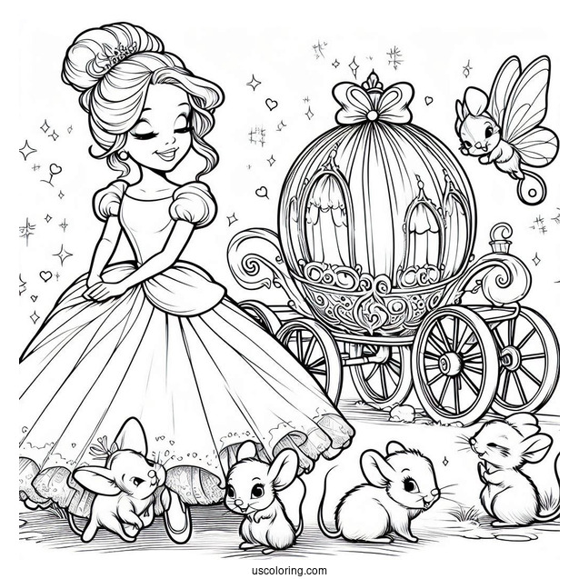 Cinderella With Mice, Fairy And Carriage To Color For Kids