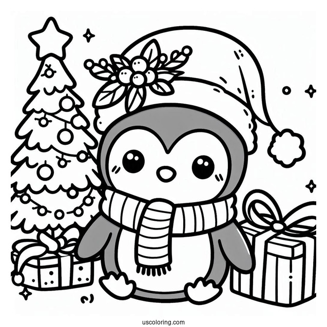 Kawaii Penguin Christmas Coloring Page