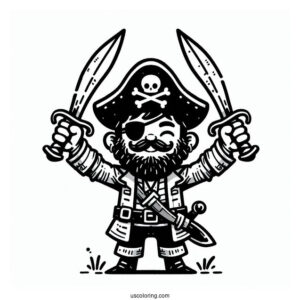 Pirate Coloring Page Holding Up Two Daggers For Kids