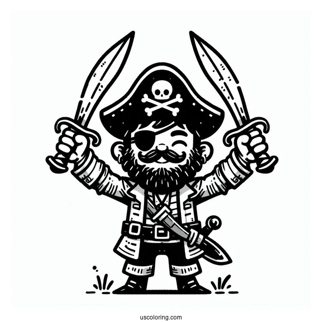 Pirate Coloring Page Holding Up Two Daggers For Kids