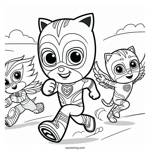 PJ Masks Coloring Page Of Owlette, Catboy, And Gekko Running Fast