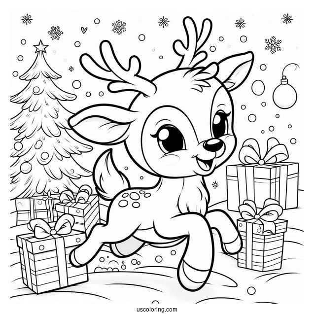Happy Rudolph Coloring Page Trotting In The Snow With Presents In The Background