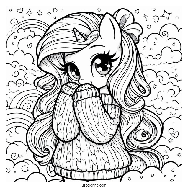 Rarity Coloring Page Wearing A Baggy Sweater On The Clouds