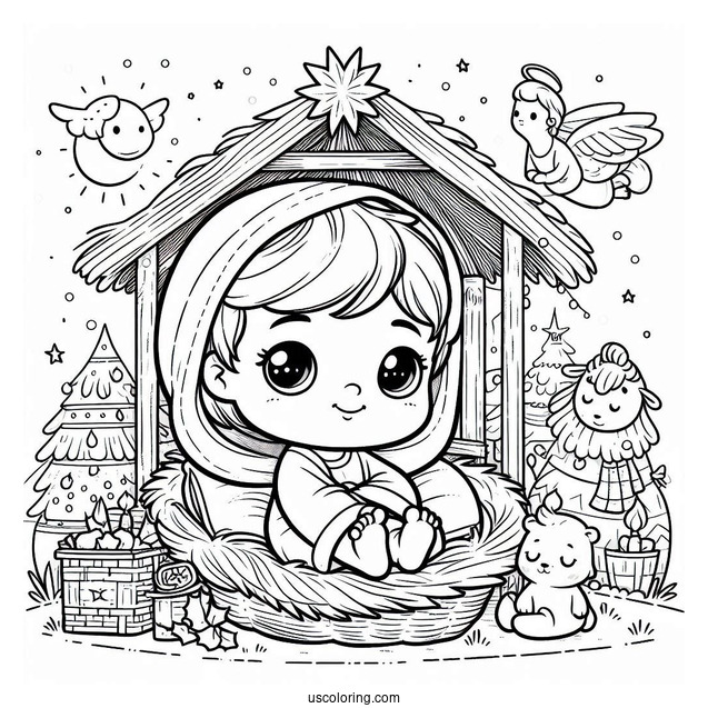 Nativity Coloring Page Of Cute Baby Jesus In The Manger For Kids
