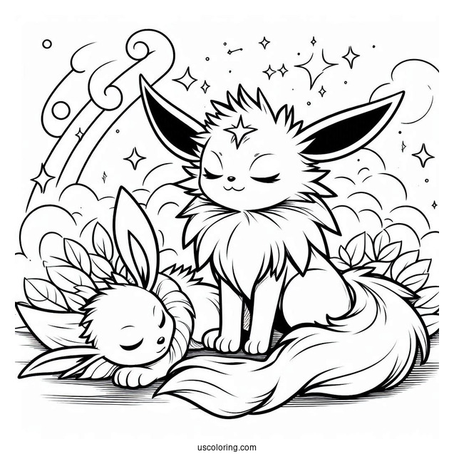 Espeon Watching Over Sleeping Jolteon Coloring Page