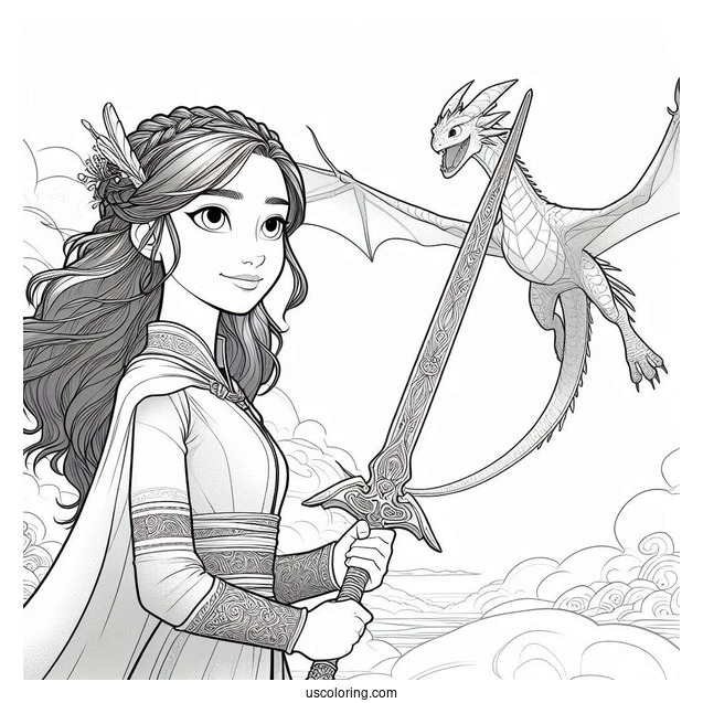 Raya And The Last Dragon Coloring Page Holding Her Sword With Sisu Flying In The Background
