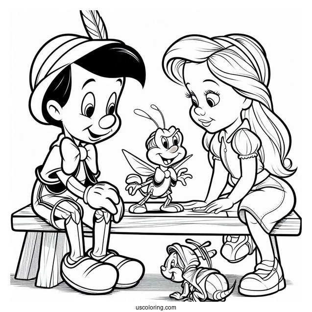 Pinocchio Coloring Page Playing With Figaro, Cleo, And Jiminy Cricket On Table