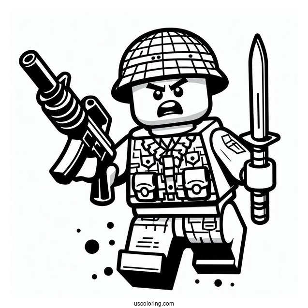 Angry Lego Soldier Coloring Page With Gun And Dagger