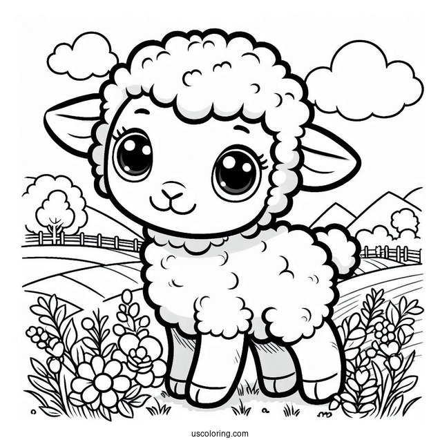 Cute Baby Lamb On Country Side Coloring