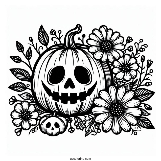 Jack O Lantern Pumpkin Coloring Page With A Skull And Flowers