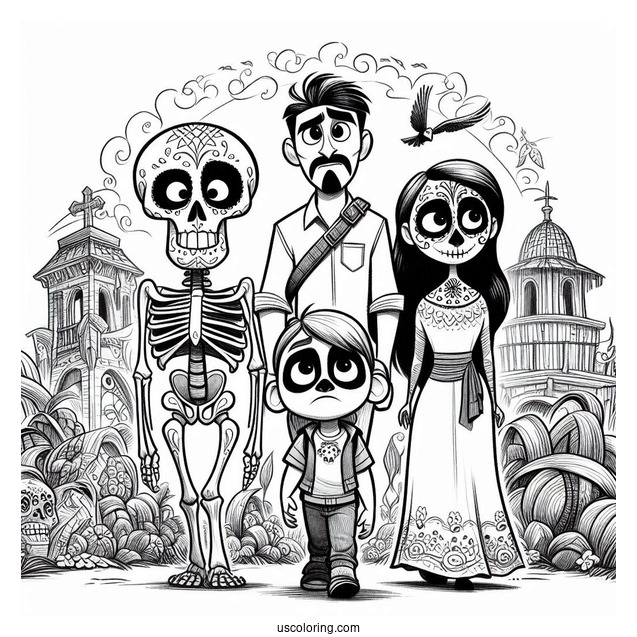 Pixar Coloring Page of Hector, Coco, And Dante In The Land Of The Dead