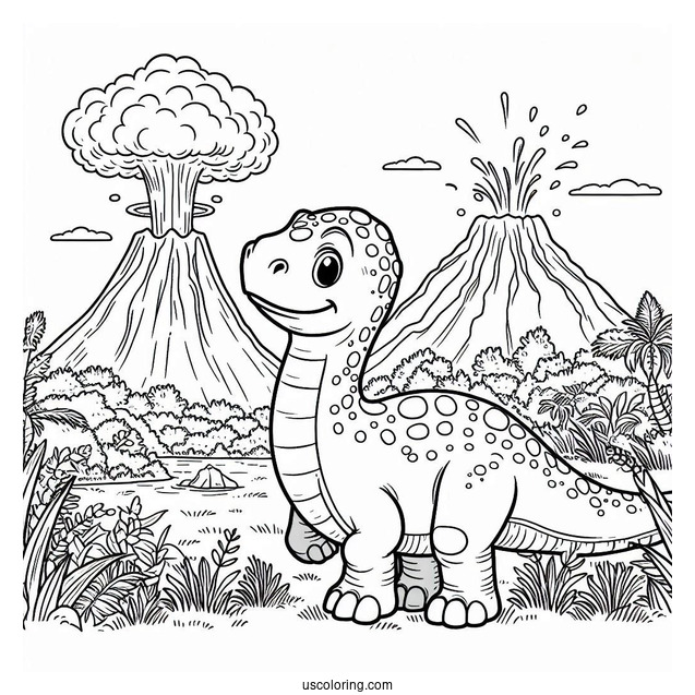 Cute Saltasaurus Dinosaur Coloring Page Of With Volcano In The Background