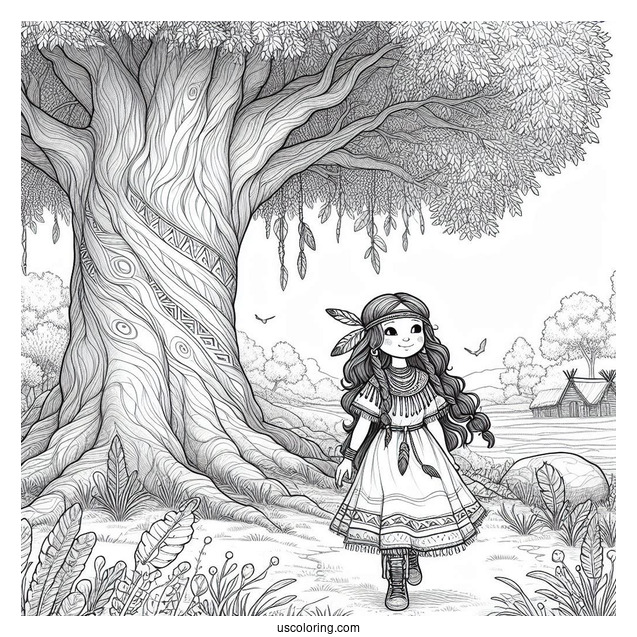 Realistic Native American Coloring Page Girl Standing Under Huge Tree