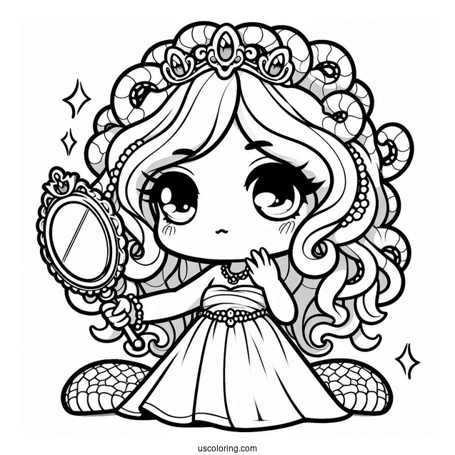 Chibi Medusa Coloring Page Holding Mirror For Kids