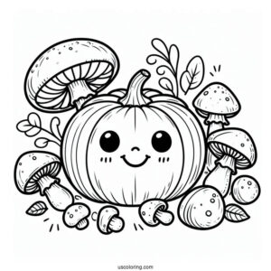 Simple Pumpkin Coloring Page With Mushrooms For Kids