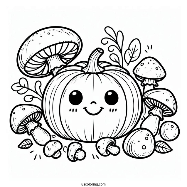 Simple Pumpkin Coloring Page With Mushrooms For Kids