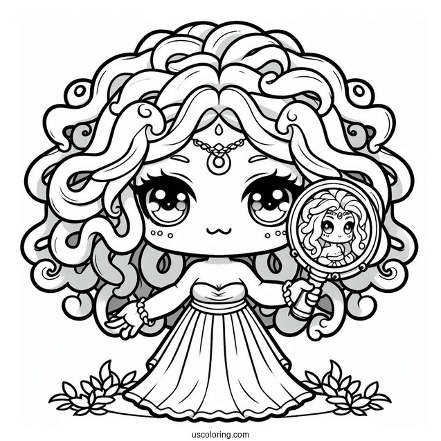Chibi Medusa Coloring Page Holding Mirror For Kids