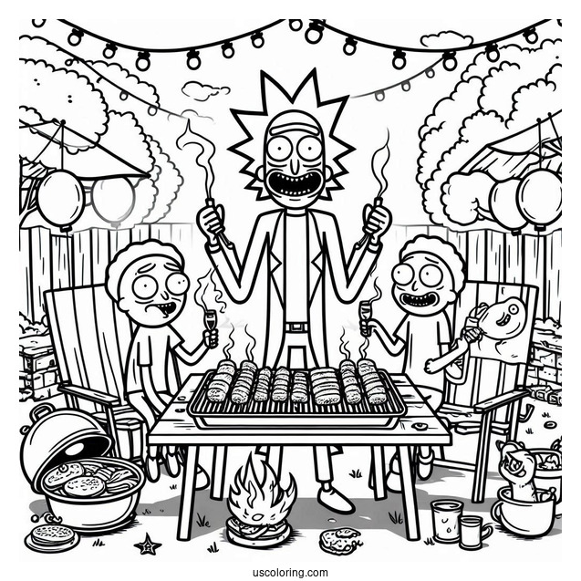 Rick and Morty Coloring Page Of Backyard Barbecue Party With Characters