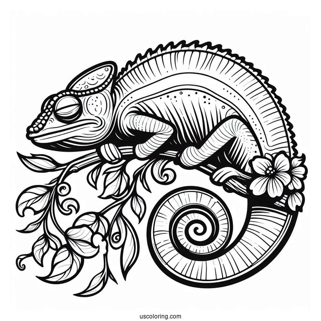 Lizard Coloring Page of Chameleon With Curled Tail Sleeping