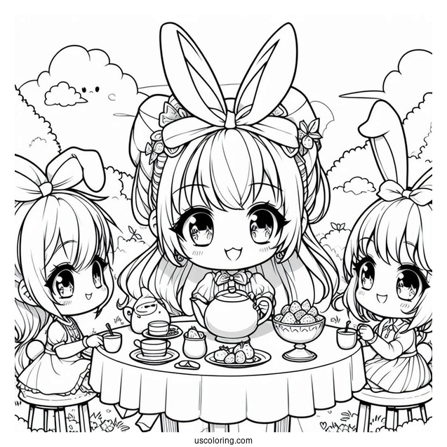 Chibi Coloring Page Girl Wearing Bunny Ears Hosting an Outdoor Tea Party