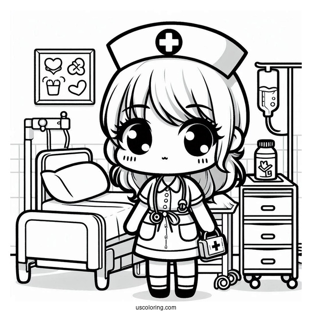 Chibi Coloring Page Nurse in a Hospital Room For Kids