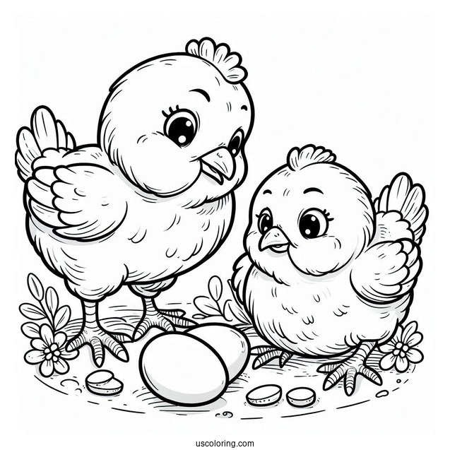 Two Cartoon Chickens Looking For Food