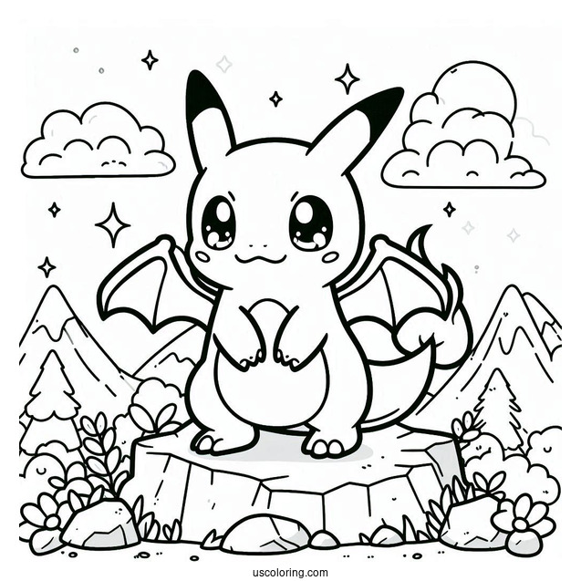 Kawaii Charizard Standing On A Rock Coloring Sheet