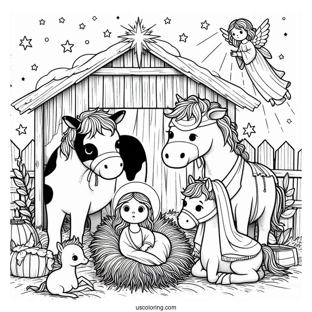 Nativity Coloring Page With Cow And Pony Surrounding Jesus