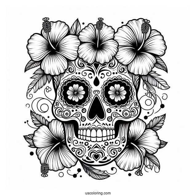 Detailed Sugar Skulls Coloring Page Design With Hibiscus Flowers
