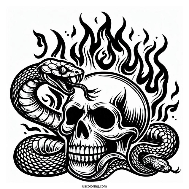 Flaming Skull With Snake
