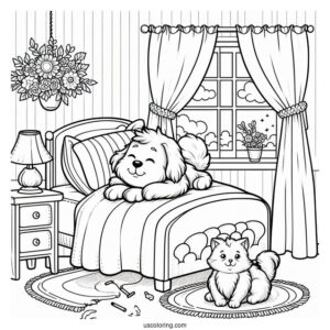 Bedroom Coloring Page Of Dog And Cat Resting On A Bed For Kids